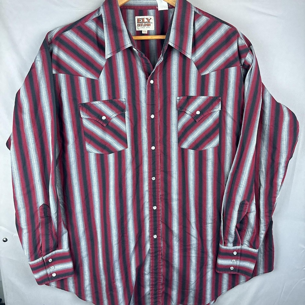 VTG Ely Cattleman Striped Western Pearl Snap Shirt Mens 2XL Long Sleeve Red Gray